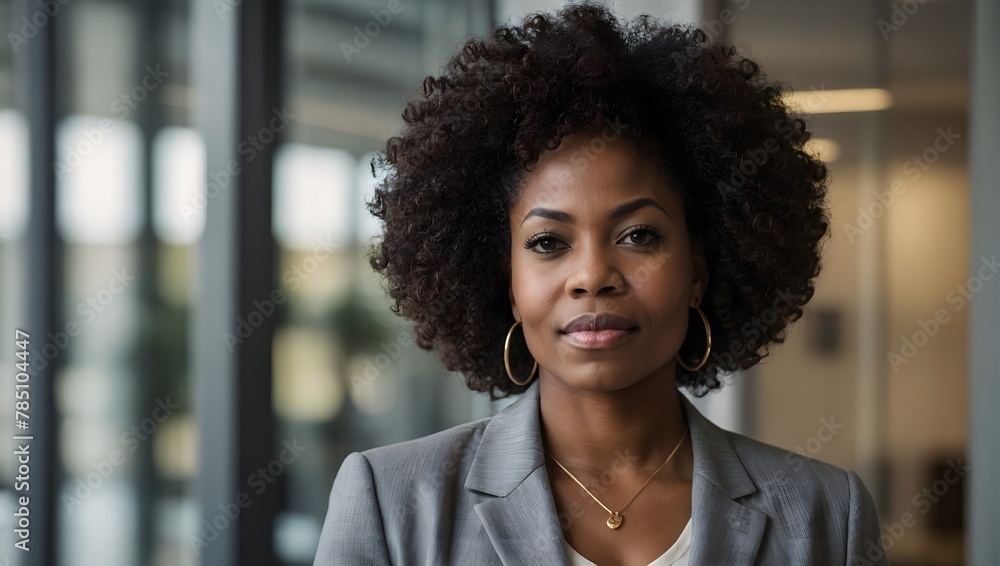 Wall mural portrait of a black woman with an afro hairstyle standing by a window in an office