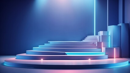 A blue and pink stage with stairs lit by spotlights. background 