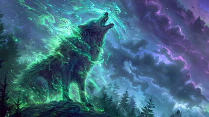 Illustration of A spectral wolf with neon green and purple bones, howling under a swirling, haunted sky, the forest around bathed in otherworldly light