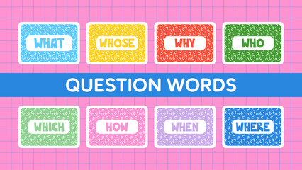 Question words flash cards colorful vector illustration collection. Word learning, school education for children. Teacher lesson resources, games for fun studying