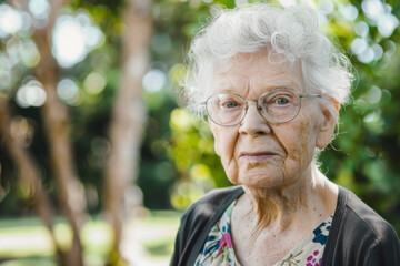Portrait of an elderly woman in the park on a sunny day
