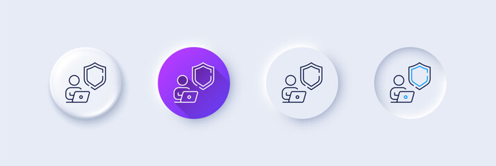 Shield line icon. Neumorphic, Purple gradient, 3d pin buttons. Privacy secure sign. Safe defense symbol. Line icons. Neumorphic buttons with outline signs. Vector