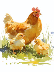 Image of Rooster and chicks watercolor illustration. Proud rooster with baby chickens isolated on white background. Farmyard animals and poultry farming concept. printed on Printed Glass Basin Splashbacks