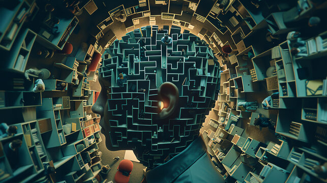 Overhead view of a maze within the silhouette of a head, pathways cluttered with miniature office desks and computers