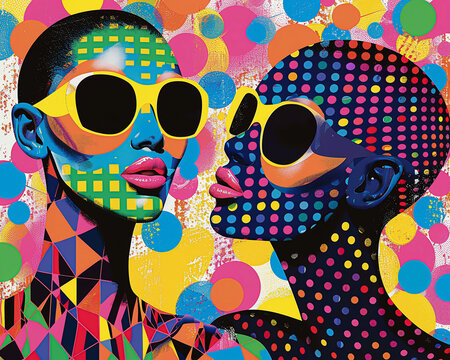 Pop art depiction of two mannequins, one whispering into the ear of another, both clad in bold, graphic print outfits against a backdrop of bright, flat colors and benday dots