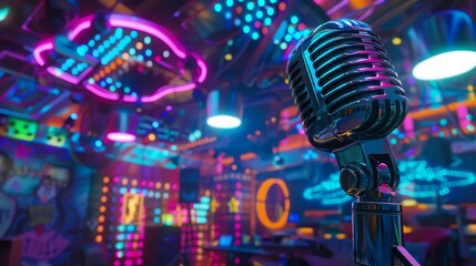 A close up of a vintage microphone in a retro nightclub with bright, colorful lights in the background.