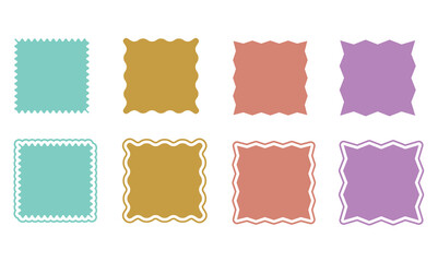 Set of vector squares, icons without outline and with outline, soft corners. Colored on white. Simple vintage flat style labels, stickers. Design elements. Collection of different types of icons.