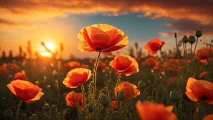 Orange poppies in a field at sunset.

