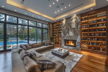 Luxurious living room with stunning marble wall fireplace and stylish bookshelves, furnished with cozy seating - obrazy, fototapety, plakaty