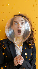 Woman in a business suit, shocked as a clear balloon filled with gold glitter bursts, on a pastel yellow background