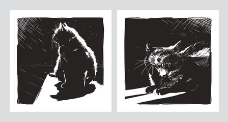 Cat in a spot of light from a window. Two black and white posters in engraving style for interior or print, vector illustration,  freehand drawing.
