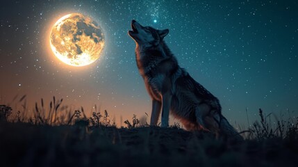 A solitary wolf howls at the moon  its silhouette a symbol of wildness and freedom against the backdrop of a star-studded night sky. - obrazy, fototapety, plakaty