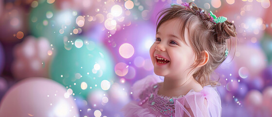 Young child in a ball gown, laughing as a green balloon bursts overhead, on a gentle lavender backdrop