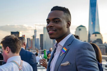 Young african american businessman with gay pride flag on the rooftop
 - Powered by Adobe