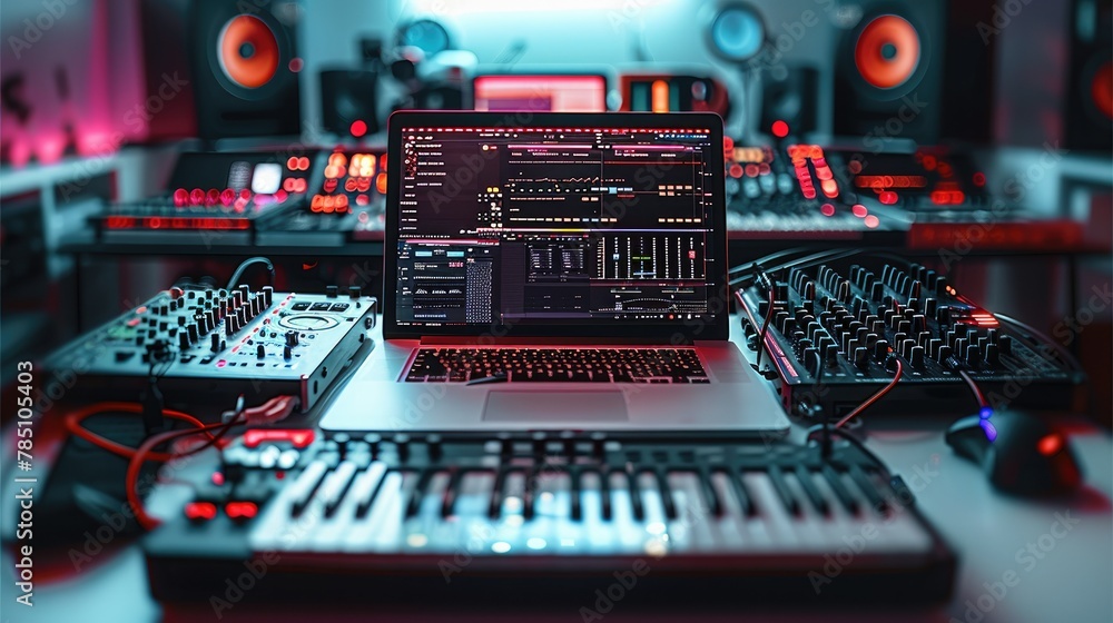 Fototapete The worlds of computer science and music production. elements such as computer code, software development icons, musical instruments, and digital audio workstations. Generative AI.
