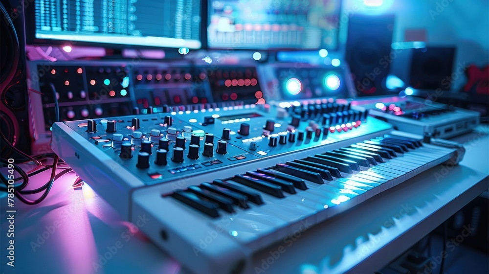 Fototapete The worlds of computer science and music production. elements such as computer code, software development icons, musical instruments, and digital audio workstations. Generative AI.