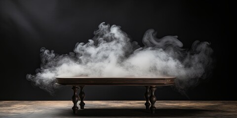 gray background with a wooden table and smoke. Space for product presentation, studio shot, photorealistic, high resolution image