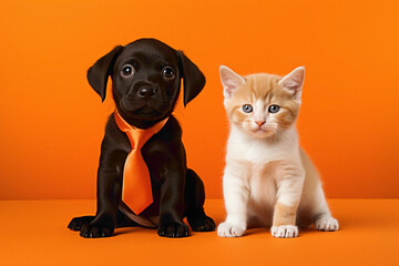 On a captivating orange backdrop, a sweet Labrador puppy and a suave Siamese cat, both in sharp business suits, engage in a serious dialogue.  - obrazy, fototapety, plakaty