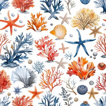 This seamless pattern features marine animals and corals illustrated in watercolor on a white background.