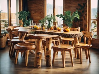 Fototapeta na wymiar Handmade wooden log furniture, dining table and chairs. Rustic interior design of modern living room. home interior design of modern living room