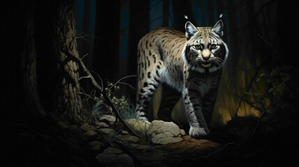 Mysterious and elusive bobcat prowling through a moonlit forest, its piercing eyes gleaming in the darkness, a ghostly presence in the night. - obrazy, fototapety, plakaty