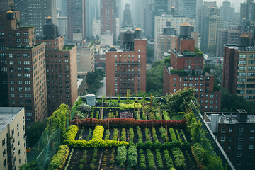 Urban rooftop garden with vegetables in wooden boxes