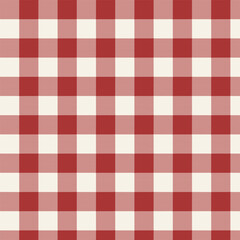 Seamless pixel and checkered patterns in red and beige for textile design. Gingham pattern with square-shaped graphic background for a fabric print. Vector illustration.