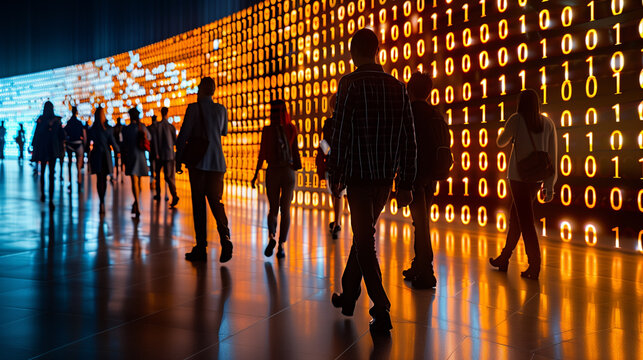 Crowd Walking Past Long Screen Displaying Binary Code