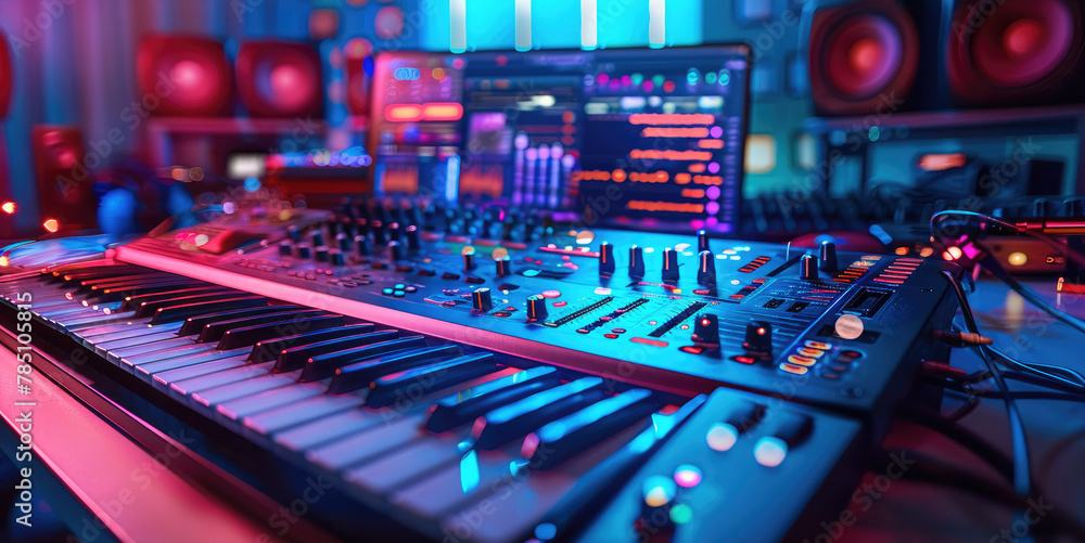 Fototapete The worlds of computer science and music production. elements such as computer code, software development icons, musical instruments, and digital audio workstations. Generative AI.