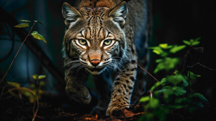 Mysterious and elusive bobcat prowling through a moonlit forest, its piercing eyes gleaming in the darkness, a ghostly presence in the night. - obrazy, fototapety, plakaty