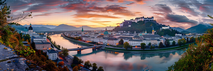 Panoramic summer cityscape of Salzburg, Old City, birthplace of famed composer Mozart. Great sunset in Eastern Alps, Austria, Europe. Adorable evening landscape with Salzach river. - obrazy, fototapety, plakaty