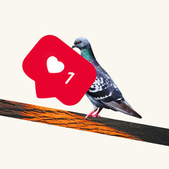 Poster. Contemporary art collage. Bird, pigeon sitting on tree branch and holding huge like sign against white background. Concept of social media, modern lifestyle, popularity. Ad