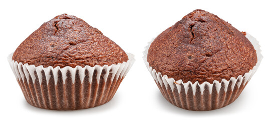 Chocolate muffins or cupcakes in paper cup on white background. File contains clipping paths.