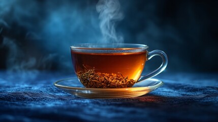 A steaming cup of tea  a wisp of fragrant steam curling upwards against a deep blue velvety background. - obrazy, fototapety, plakaty
