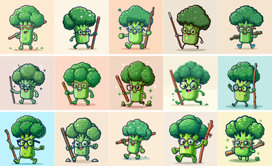 Vector set of broccoli wearing glasses being happy with flat design style