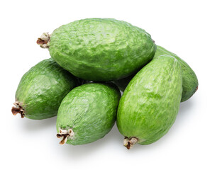 Feijoa fruits with leaf isolated on white background. File contains clipping path.