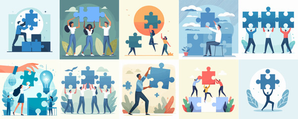 Vector set of someone carrying a puzzle in flat design style