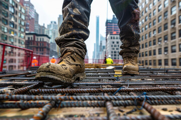 Construction worker installing steel reinforcement bar on construction site in New York City
