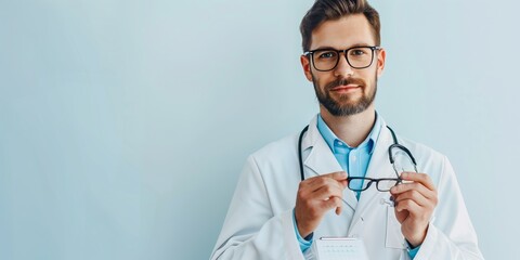 Confident male doctor holding glasses with clipboard.