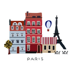 Beautiful vintage colored buildings of Paris, vector travel poster, Paris detailed monuments silhouette, Eiffel Tower and air balloon