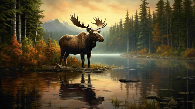 Majestic moose standing at the edge of a tranquil forest lake, its impressive antlers reflected in the still water, a symbol of strength and grace.