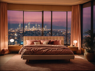 penthouse bedroom at night, dark gloomy,Under the bed there are warm colored lights, A room with a view of the city from the bed,Cozy bedroom interior in a contemporary design. The room is in pastel b