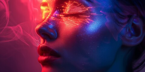Fashion portrait of beautiful young woman with red neon light on her face