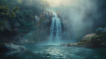 Misty morning shot of waterfall with fog in nature landscape
