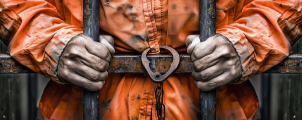 Close-up of prisoner's hands holding onto jail bars with a rusty padlock - obrazy, fototapety, plakaty