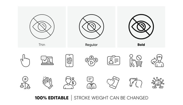 Share, Discrimination and Heart line icons. Pack of Hand click, Not looking, Fingerprint icon. Support service, Friends chat, Stop shopping pictogram. Electronic thermometer, Salary. Vector