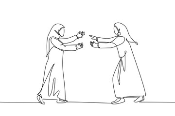 one line drawing of two Muslim women wearing robes and headscarves walking face to face while preparing to hug each other. a friend I haven't seen for a long time. mother and adult daughter