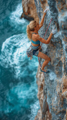 Female climber maneuvering a vertical rock face