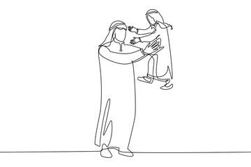 Obraz premium single continuous line drawing A young man holding and lifting a boy. young man wearing a robe. and a boy wearing a robe