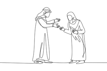 single continuous line drawing An elderly man and elderly woman walk face to face while preparing to hug. elderly men wearing robes and sorbah. Elderly women also wear robes and headscarves